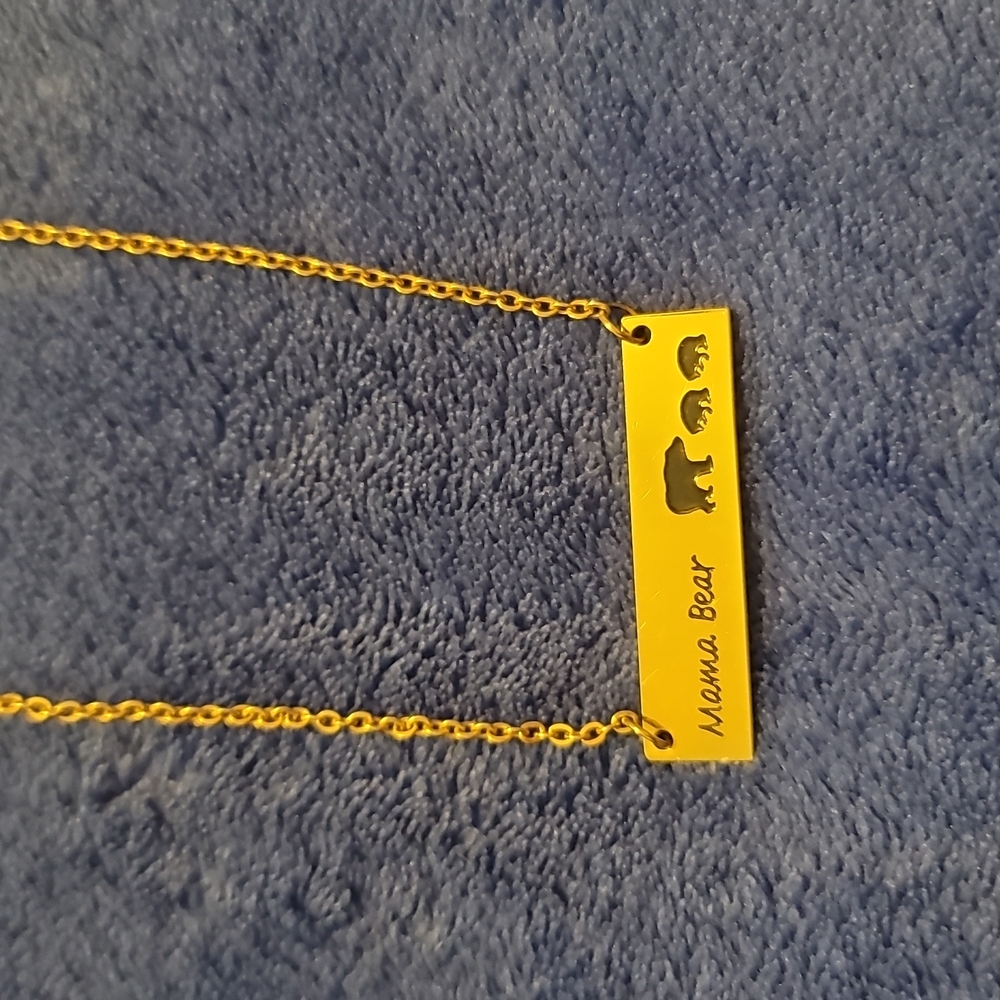 Mama Bear, gold plated bar necklace. 20" adjustable chain.
